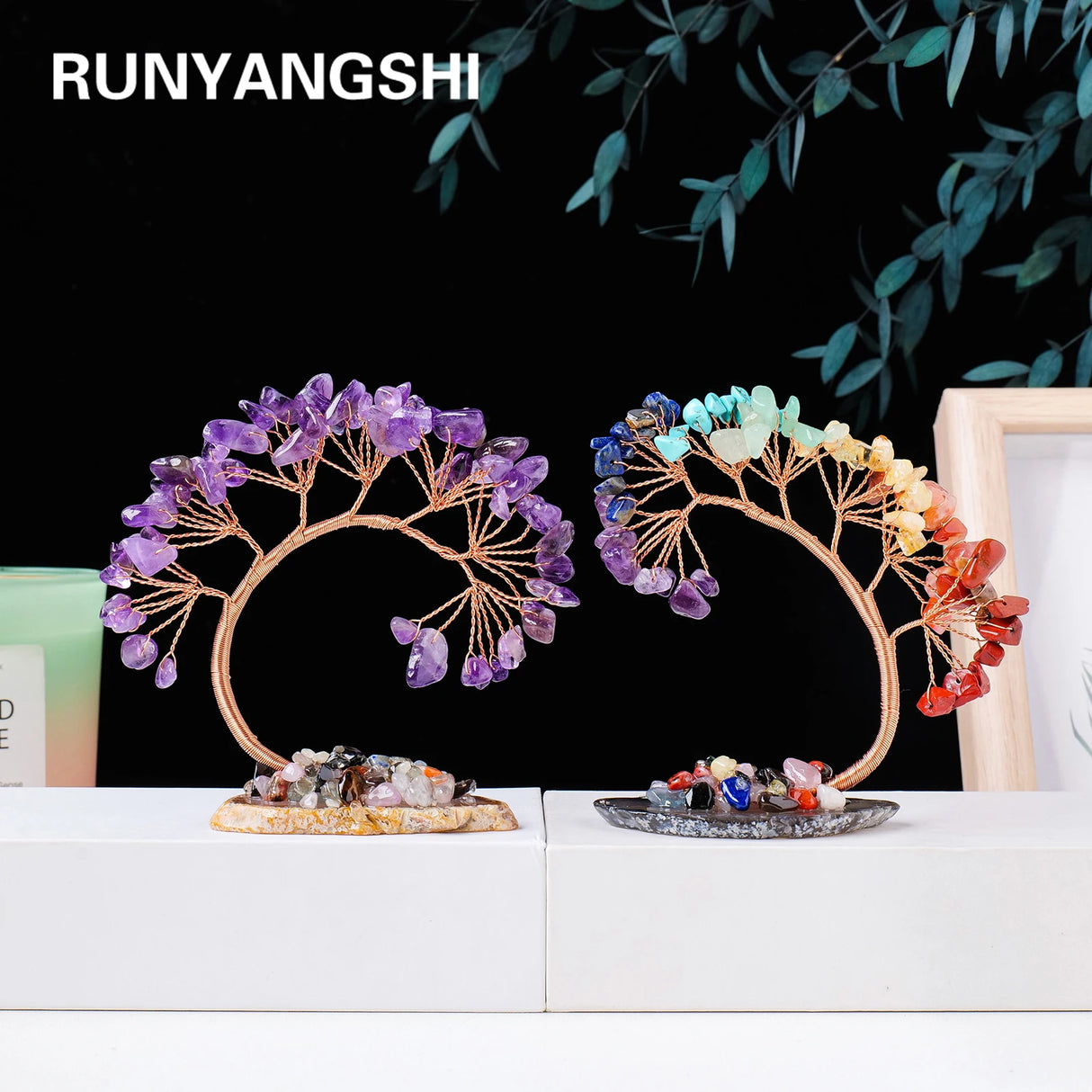 Decorative arches with colorful stones on a white surface, featuring the brand 'RUNYANGSHI'.