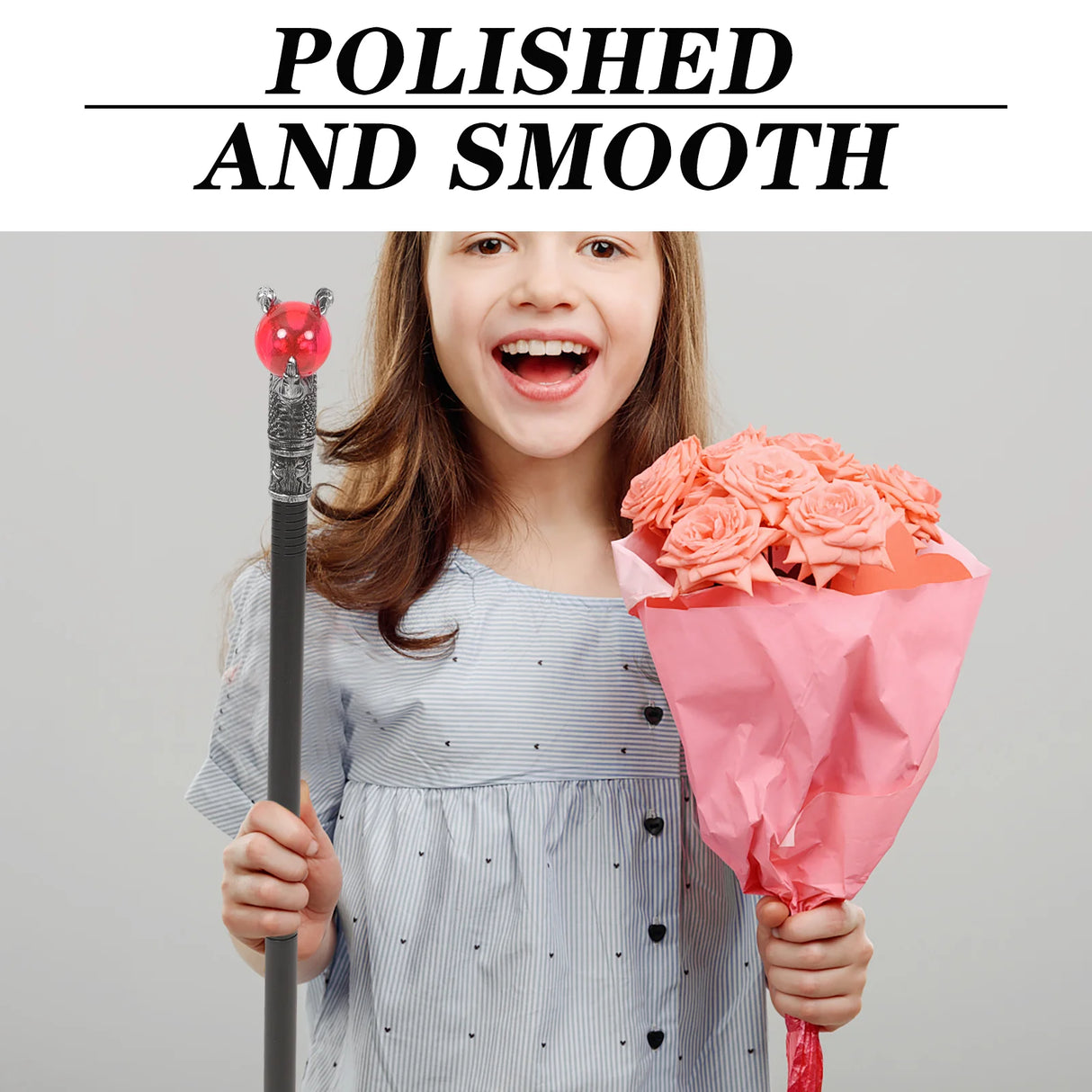 Child holding a wand and bouquet of flowers with text 'Polished and Smooth' above.