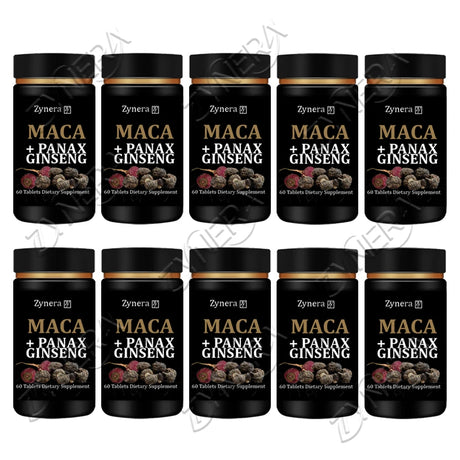 Multiple bottles of Zynera Maca + Panax Ginseng supplement on a white background