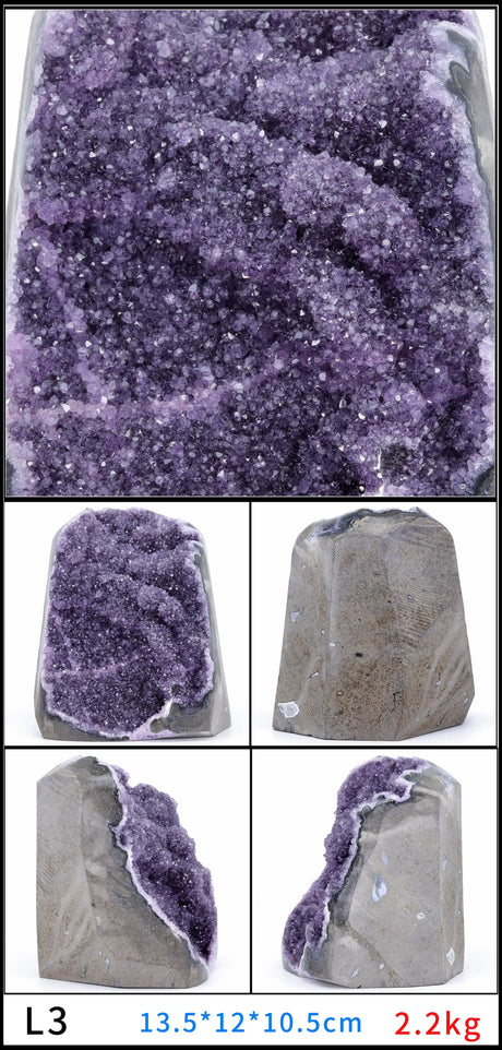 Collage of purple crystal rock with different angles and a size label.