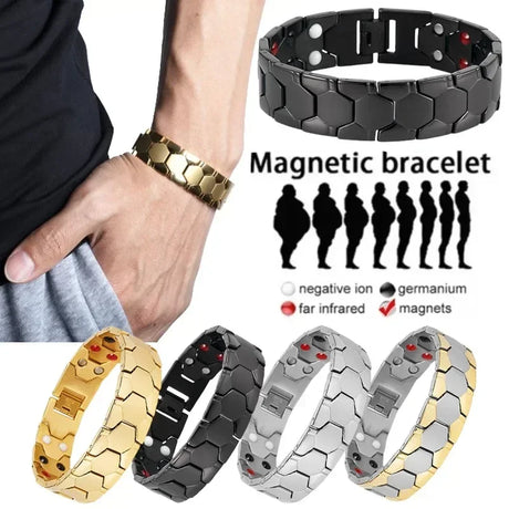 Magnetic bracelet with various color options displayed on a white background.