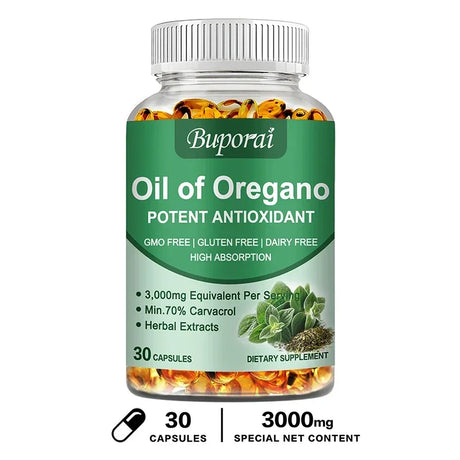 Buporai Oil of Oregano supplement bottle on a white background