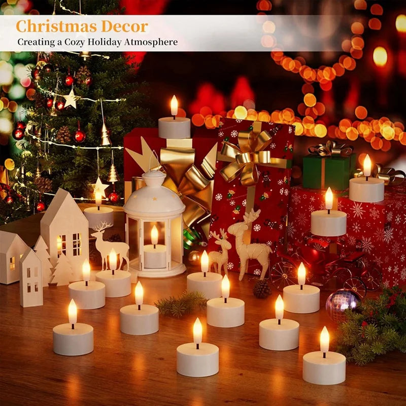 Christmas decor with candles, gift boxes, and a tree on a wooden surface.