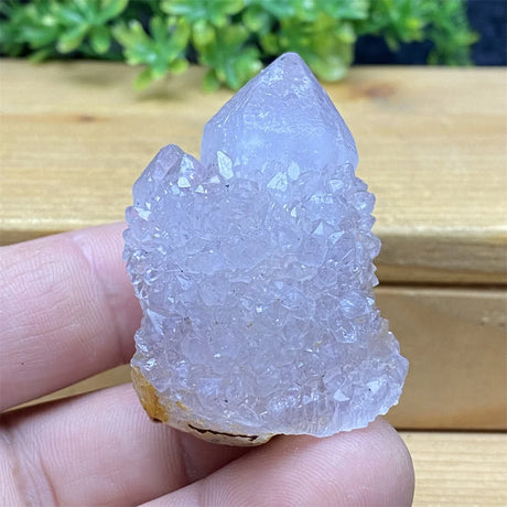 Clear crystal rock held in a hand with a natural background