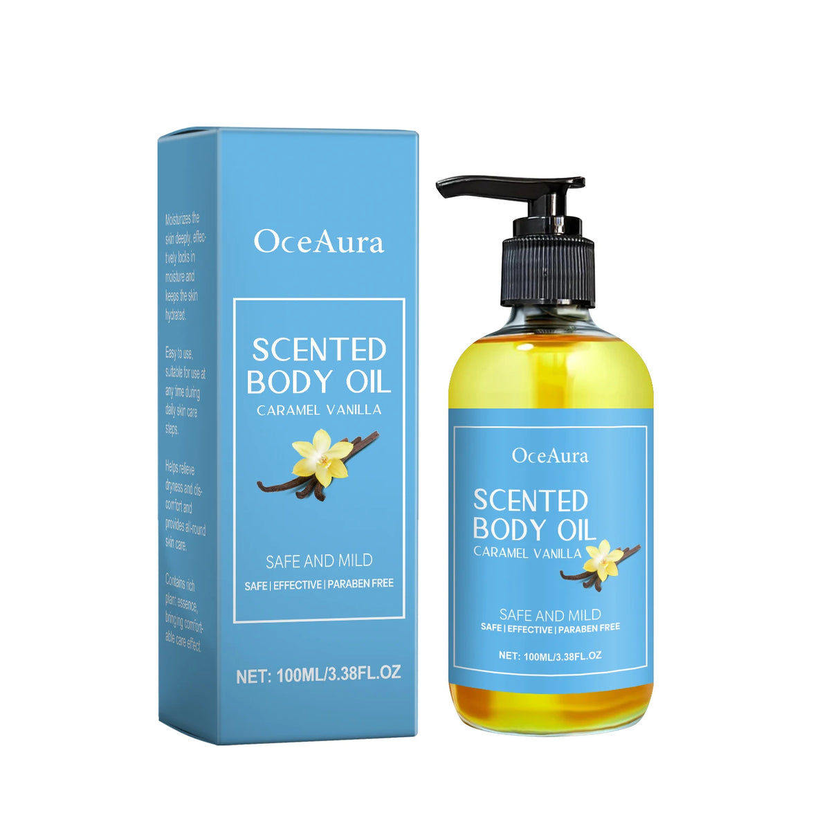 OceAura scented body oil bottle and packaging on a white background