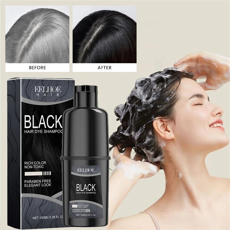 Black hair dye shampoo with 'Before' and 'After' hair comparison, and a woman washing her hair.