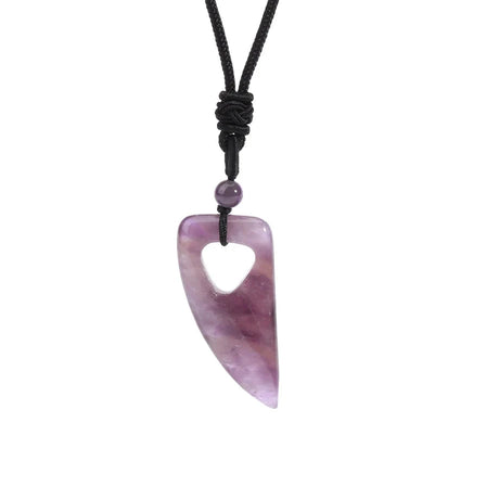 Purple heart-shaped pendant on a black cord against a white background