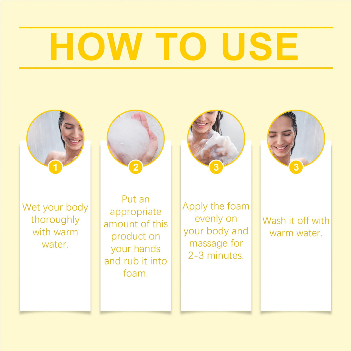 Instructions on how to use a product with images of a woman washing her hands and body.