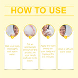 Instructions on how to use a product with images of a woman washing her hands and body.