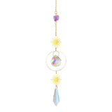 Decorative hanging chain with sun-shaped ends and crystal beads on a white background