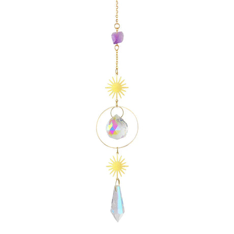 Decorative hanging chain with sun-shaped ends and crystal beads on a white background