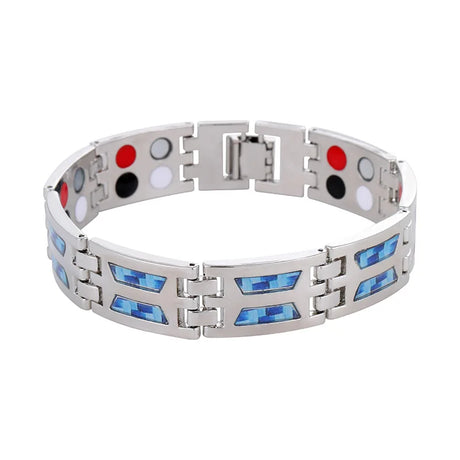 Metallic bracelet with colored stones on a white background