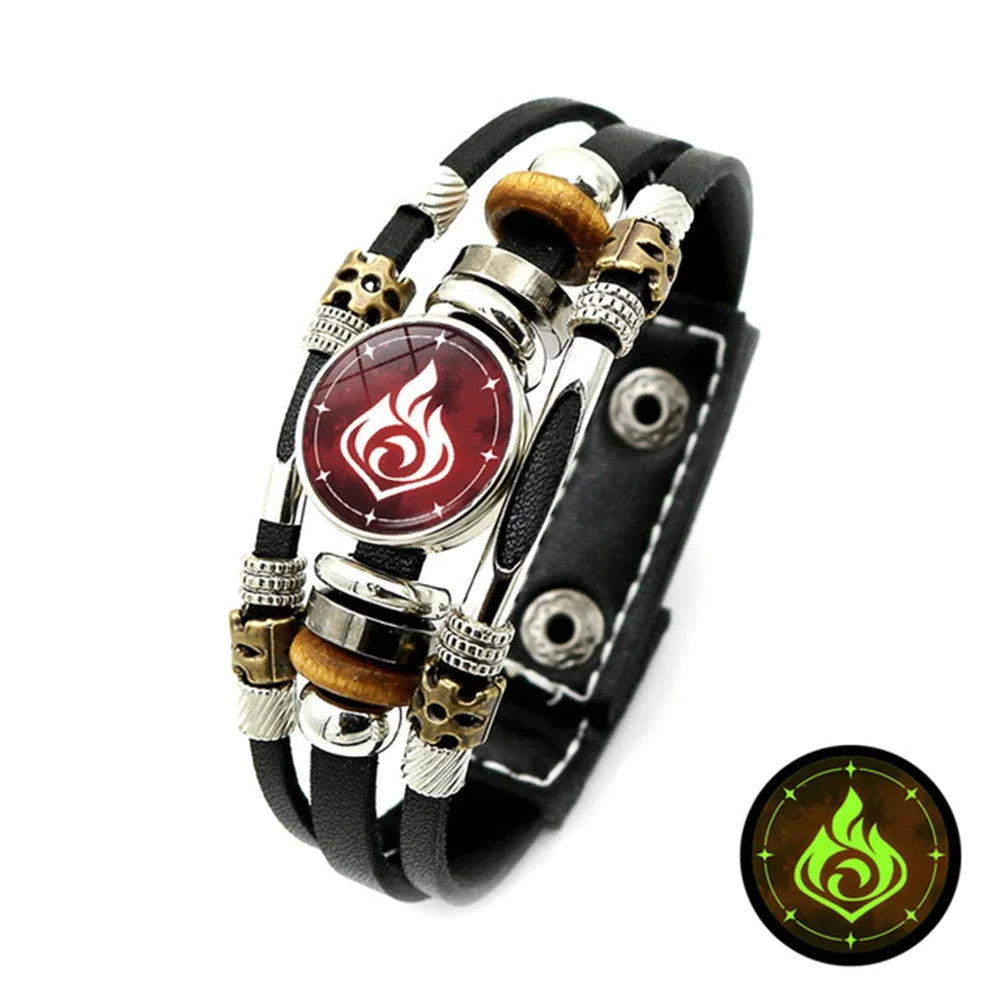 Multicolored beaded bracelet with a red circular emblem on a white background