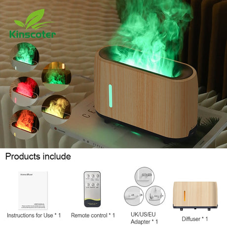 Kinscater diffuser with green flames on a wooden surface, surrounded by product packaging.