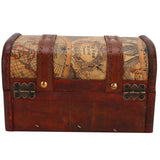 Vintage-style treasure chest with world map design on a white background