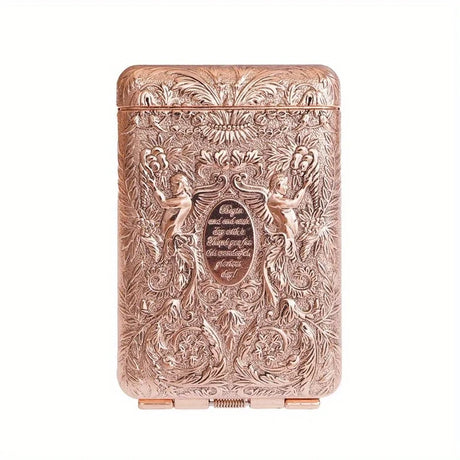 Rose gold embossed case with intricate designs on a white background