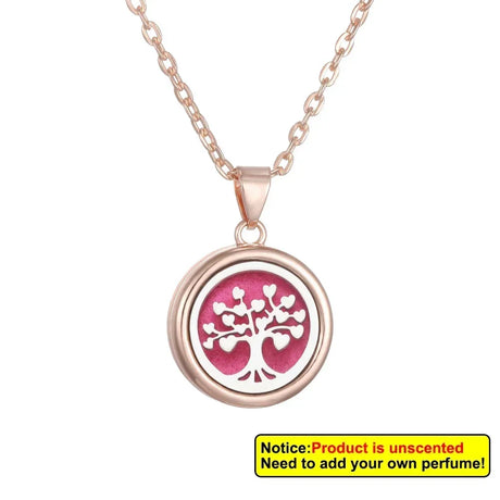 Rose gold necklace with a pink tree-of-life pendant on a white background