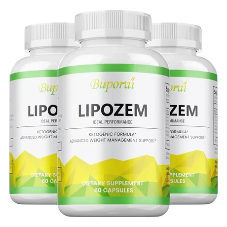 Three bottles of Buporai Lipozem dietary supplements on a white background