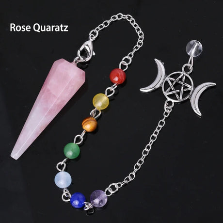 Rose Quartz pendulum with colorful beads and silver chain on a black background