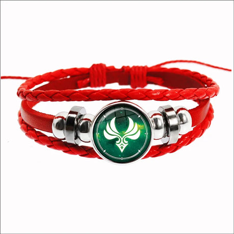 Red braided bracelet with a green and silver emblem on a white background