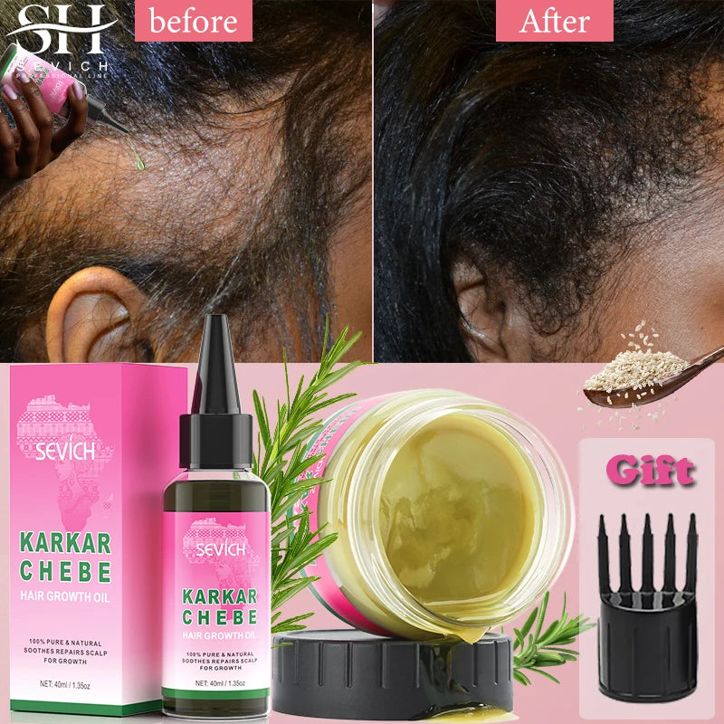 Before and after comparison of hair growth product with Sevich branding.