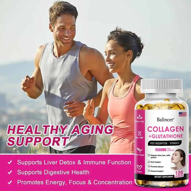 Couple exercising outdoors with a supplement bottle labeled 'Collagen + Glutathione' in the foreground.