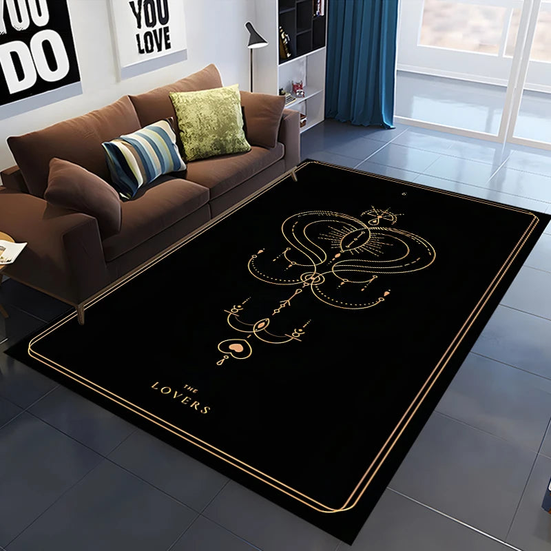 Black rug with gold design in a living room setting