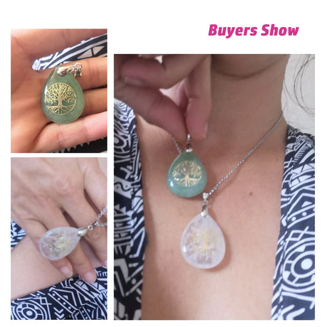 Collage of tree-shaped pendants on necklaces, with close-ups and a person wearing one.