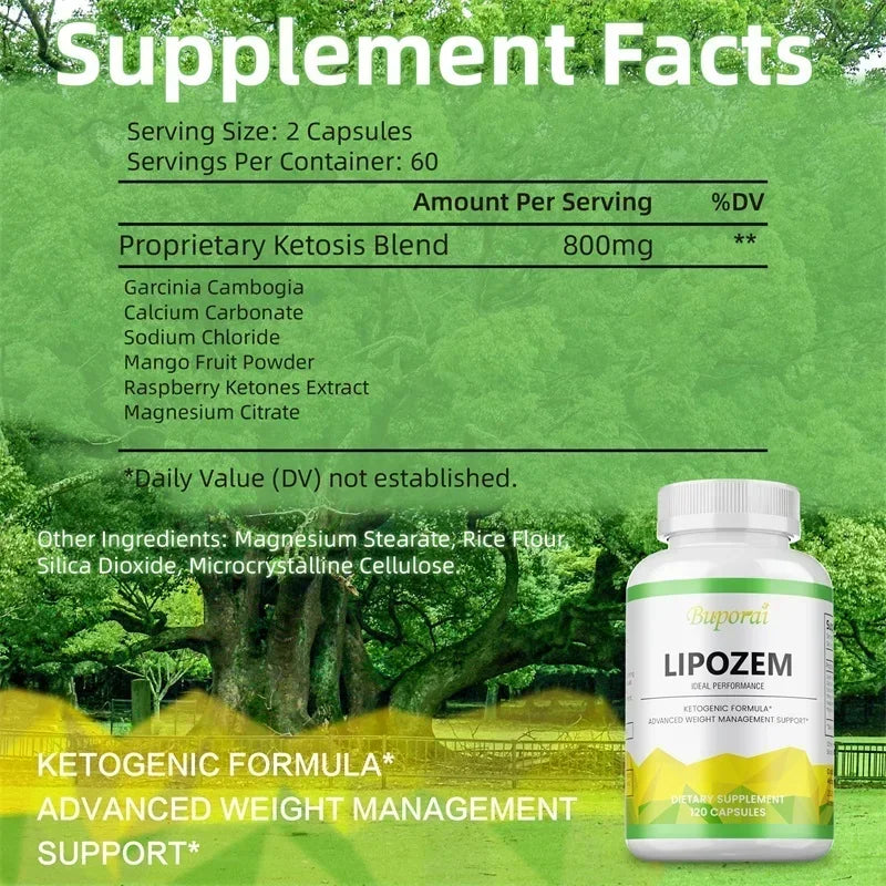 Supplement facts label for Lipozem with a green forest background