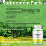 Supplement facts label for Lipozem with a green forest background