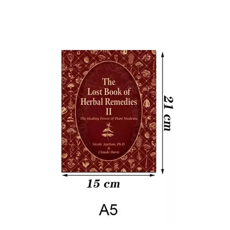 Book titled 'The Lost Book of Herbal Remedies II' with dimensions labeled on a white background