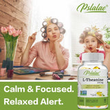 Woman with curlers and child playing with a Psylalae L-Theanine supplement bottle.