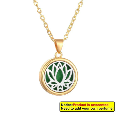 Gold necklace with a green and white lotus flower pendant on a white background