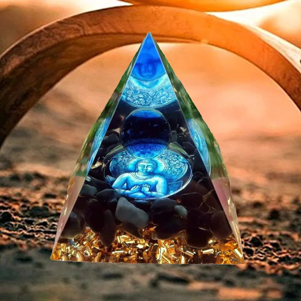 Triangular crystal with blue light and engraved design on a textured background