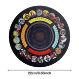 Circular product with astrological symbols and measurements on a white background