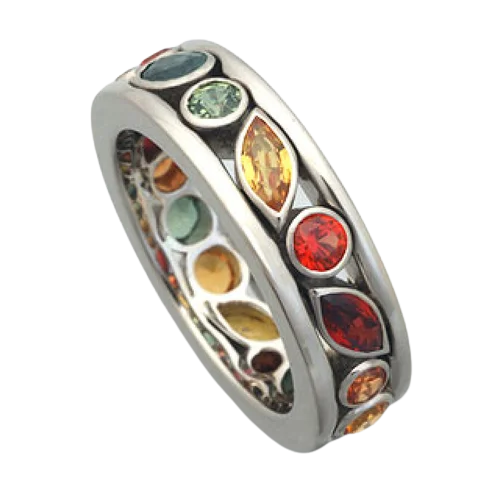 Ring with multicolored gemstones on a white background