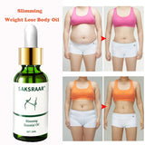 Bottle of SAKSRAAR Slimming Essential Oil with before and after images of a person's waist size reduction.