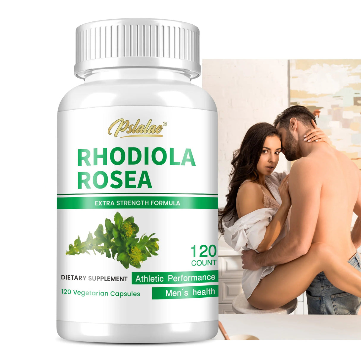 Psalalae Rhodiola Rosea supplement bottle with a blurred background of a couple embracing.