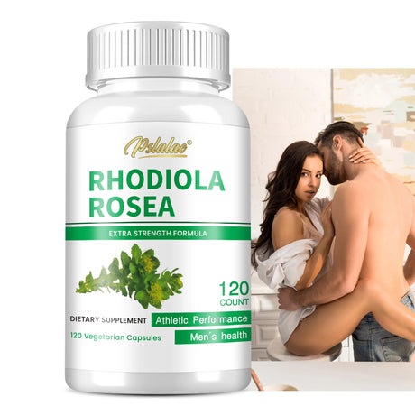 Psalalae Rhodiola Rosea supplement bottle with a blurred background of a couple embracing.