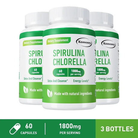 Three bottles of Xemenry Spirulina Chlorella supplement on a white background