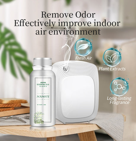Air purifier and essential oil bottle on a table with text about odor removal and air quality improvement.