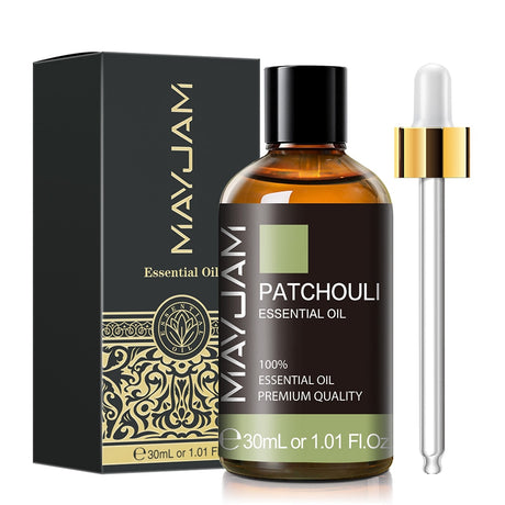 MayJami Patchouli essential oil bottle with dropper and packaging on a white background