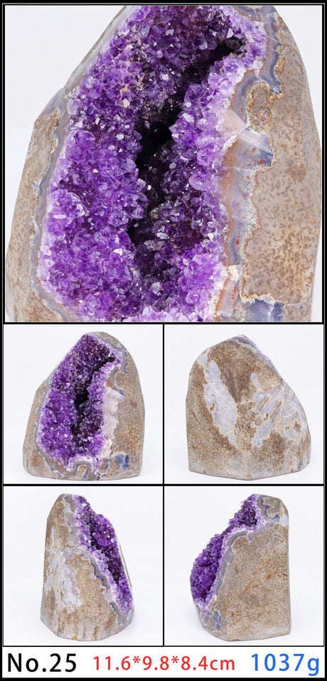 Geode with purple crystal inside on a white background