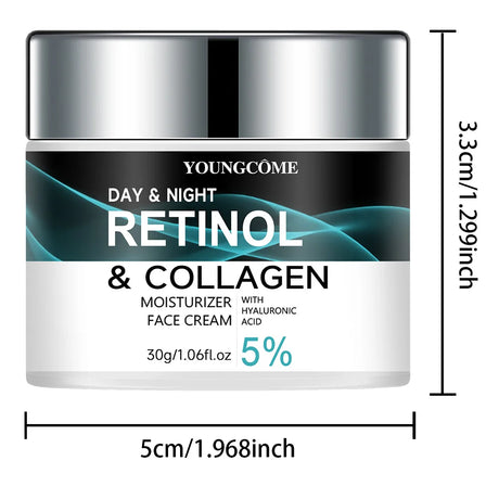 YOUNGCOME Day & Night Retinol & Collagen moisturizer face cream jar with measurements.