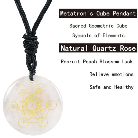 Metatron's Cube pendant on a black cord with text about its properties.