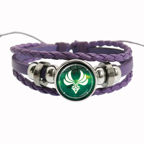 Purple braided bracelet with a green and silver emblem on a white background