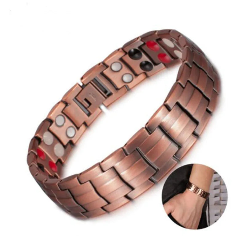Rose gold bracelet with embedded stones on a white background