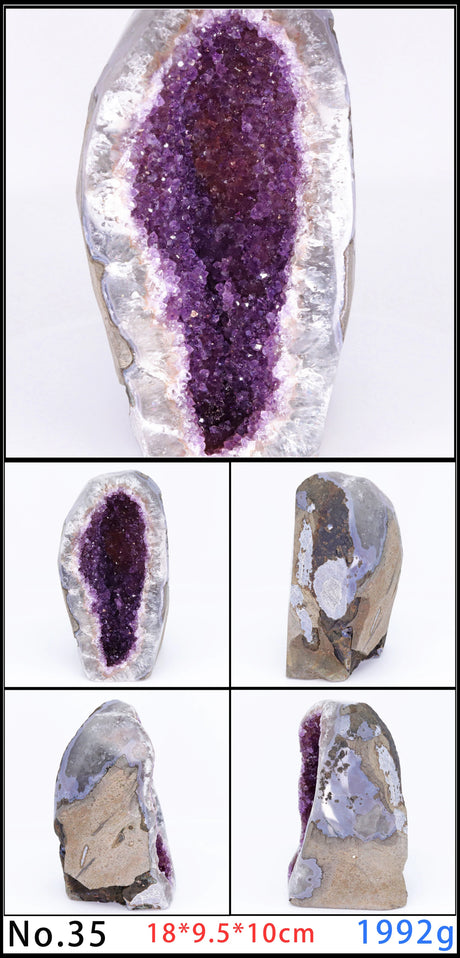 Amethyst geode with cross-sectional view on a white background