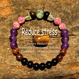Colorful beaded bracelet on a wooden surface with text about stress reduction.
