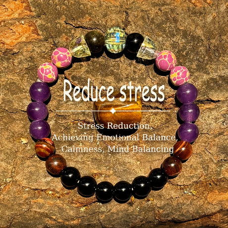Colorful beaded bracelet on a wooden surface with text about stress reduction.